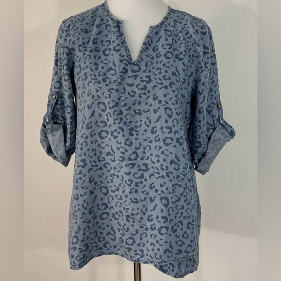 Philosophy Womans Tunic Flowy Roll Tab SIve Blue V Neck Denim Lepord Print XL - Picture 1 of 13